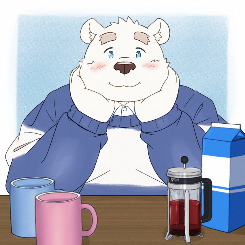 anthro blue_eyes blush clothing container cup detailed_background humanoid_hands kemono male mug overweight overweight_male shirt solo topwear yaki_atsuage utau shirane_kan bear mammal polar_bear ursine 1:1 2023 hi_res