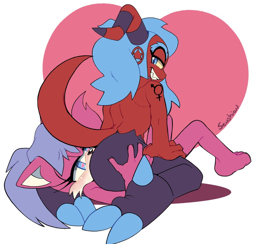 abstract_background anthro blue_eyes blue_hair blush butt butt_grab duo facesitting female female/female female_on_bottom female_on_top fur hair half-closed_eyes hand_on_butt heart_eyes heart_symbol muscular muscular_female narrowed_eyes on_bottom on_top pink_body pink_fur ponytail red_body sitting_on_another senshion sega sonic_the_hedgehog_(series) fan_character kate_the_wolf scarlet_the_zeti canid canine canis mammal wolf zeti absurd_res digital_drawing_(artwork) digital_media_(artwork) hi_res signature gynomorph_(lore) trans_(lore) trans_woman_(lore)