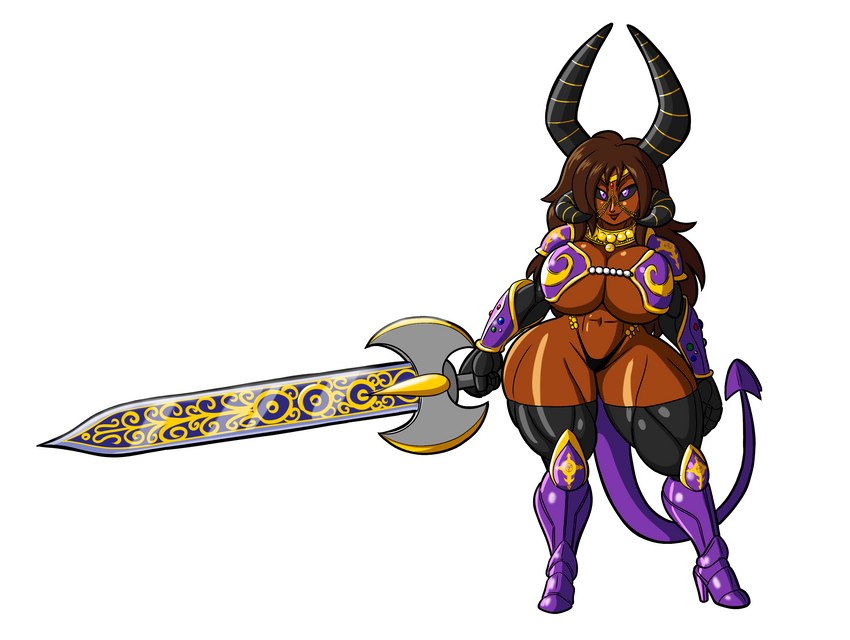 armor big_breasts big_horn boots breast_implants breasts clothing clubbed_tail double_bitted_axe female footwear g-string gauntlets gem gloves gold_(metal) gold_jewelry greaves handwear high_heeled_boots high_heels horn huge_breasts huge_horn huge_sword indian jewelry labrys legwear melee_weapon prosthetic prosthetic_arm prosthetic_leg prosthetic_limb shoes shoulder_guards solo spade_tail spherical_breasts sword swordaxe tail thigh_highs underwear weapon weapon_tail tansau aanya_kshatriya demon demon_humanoid humanoid succubus 2022 absurd_res hi_res