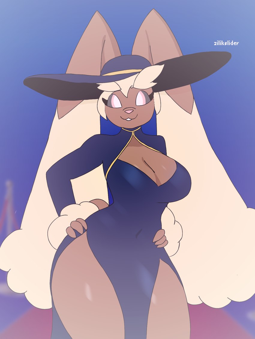 anthro blue_clothing blue_dress blue_hat blue_headwear breasts cleavage clothed clothing dress fashion female hands_on_hips hat headgear headwear red_carpet wide_hips zilikslider nintendo pokemon generation_4_pokemon lopunny pokemon_(species) hi_res