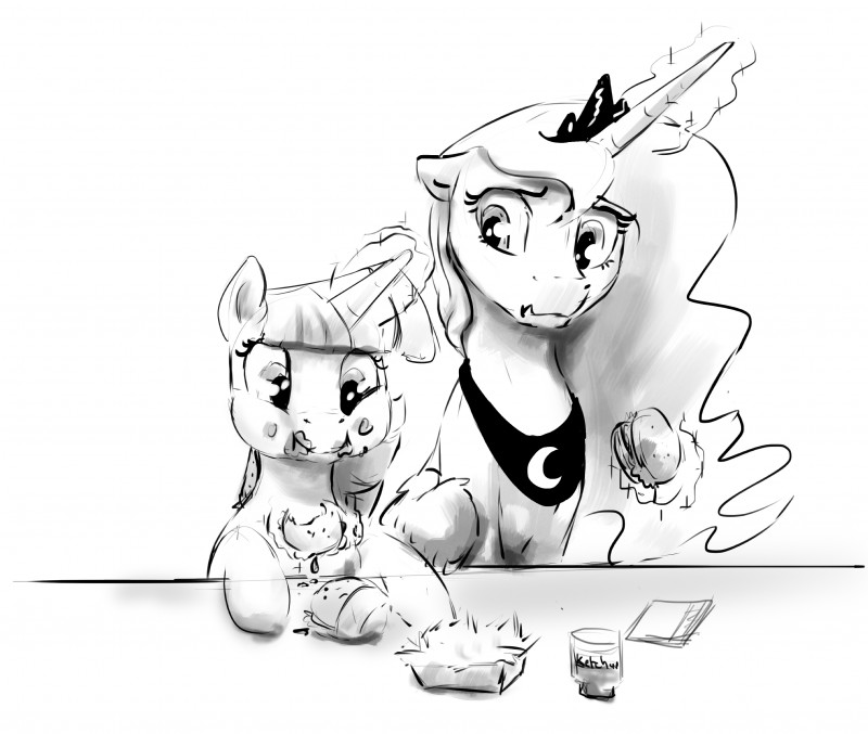 burger duo female feral food horn messy_eater simple_background wings silfoe friendship_is_magic hasbro my_little_pony mythology princess_luna_(mlp) twilight_sparkle_(mlp) equid equine mammal mythological_creature mythological_equine winged_unicorn absurd_res hi_res monochrome