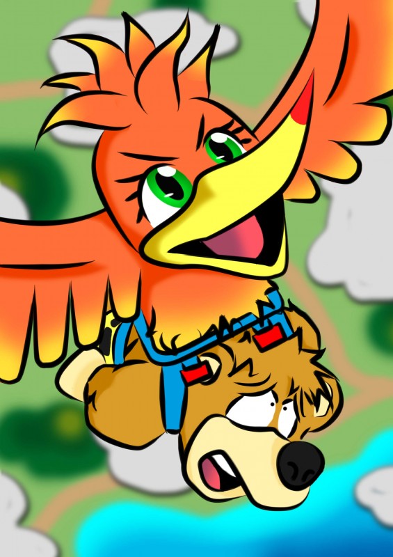 ambiguous_gender anthro backpack beak brown_body brown_fur container duo feral fur in_bag in_container male jumpjump banjo-kazooie rareware banjo_(banjo-kazooie) kazooie avian bear bird breegull mammal absurd_res hi_res