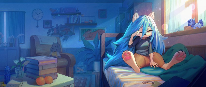 3_toes 4_fingers anthro barefoot bed bedroom blue_hair blush bookshelf bottomwear brown_eyes claws clock clothing eye_rub feet female fingers furniture hair horn inner_ear_fluff light long_hair narrowed_eyes on_bed one_eye_closed pants pawpads paws pink_pawpads shirt sitting sitting_on_bed soles solo sunlight toes topwear tuft window aruurara friendship_is_magic hasbro my_little_pony mythology rarity_(mlp) sarah_(aruurara) equid equine mammal mythological_creature mythological_equine unicorn absurd_res hi_res