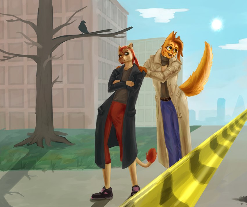 anthro duo fur hair male male/male orange_body orange_fur plant ponytail raised_tail red_hair sun tail tree yellow_eyes sosalkis avian bird corvid corvus_(genus) crow domestic_cat felid feline felis lion mammal oscine pantherine passerine somali_cat absurd_res hi_res