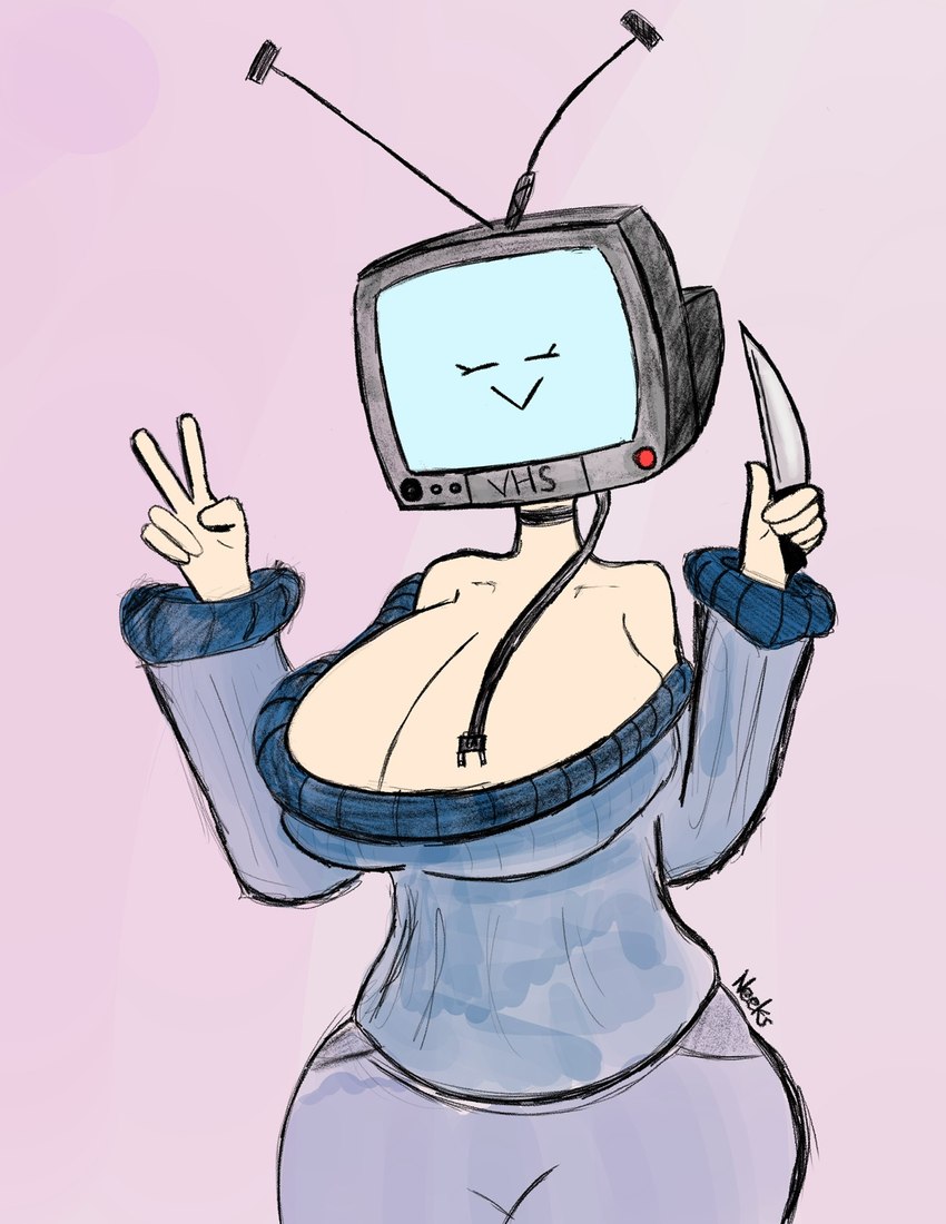 5_fingers :> big_breasts black_choker black_jewelry black_necklace blue_bottomwear blue_clothing blue_pants blue_sweater blue_topwear bottomwear breasts choker cleavage clothed clothing curvy_figure electronics eyelashes eyes_closed female fingers for_a_head fully_clothed gesture grey_background hand_gesture happy holding_knife holding_object hourglass_figure huge_breasts jewelry knife necklace not_furry off_shoulder pants plug pockets screen screen_face simple_background small_waist smile solo standing sweater tan_body tan_skin television text three-quarter_view topwear v_sign ultraneeks cc-by-nc-nd creative_commons tabitha_(ultraneeks) humanoid object_head screen_head tv_head digital_media_(artwork) half-length_portrait hi_res portrait signature