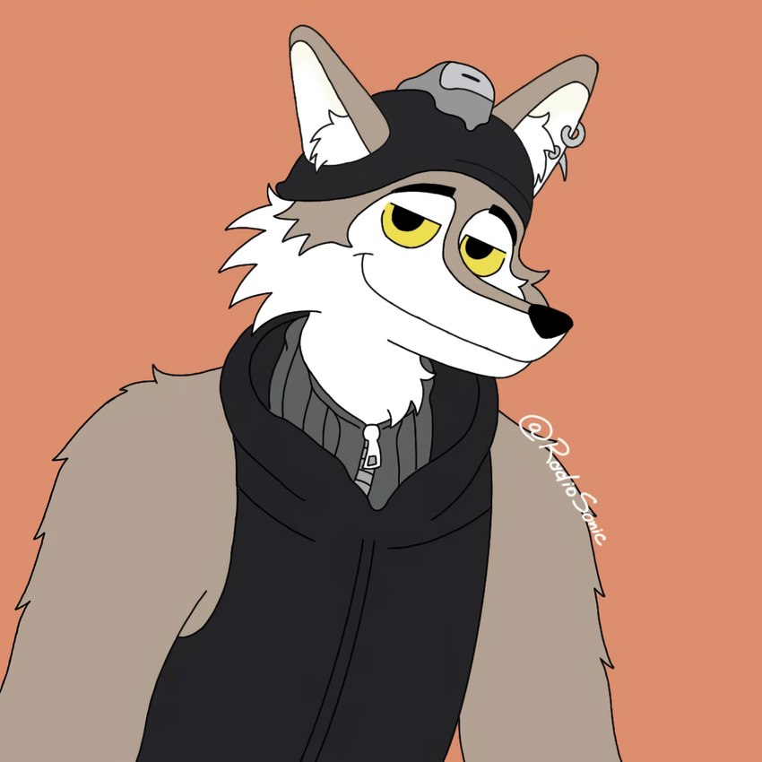 black_eyes brown_background clothed clothing ear_piercing fur grey_body grey_fur male multicolored_body multicolored_fur piercing side_view simple_background simple_coloring simple_colors solo yellow_sclera radiosonic94 epic_games fortnite wendell_(fortnite) canid canine canis humanoid mammal wolf 1:1 absurd_res hi_res