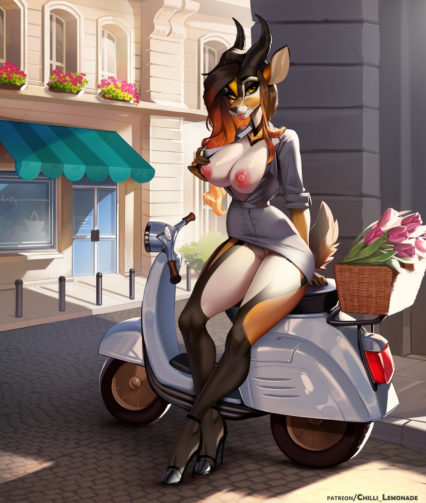 anthro areola bedroom_eyes bouquet clothed clothing cobblestone cobblestone_streets female flashing flashing_breasts flower flower_bouquet footwear gradient_hair hair high_heels horn looking_at_viewer moped narrowed_eyes nipples open_clothing open_shirt open_topwear orange_eyes panties paris plant seductive shirt shoes solo tongue tongue_out topwear underwear vehicle aomori zahra_(airheart) antelope bovid gazelle mammal 2023 hi_res