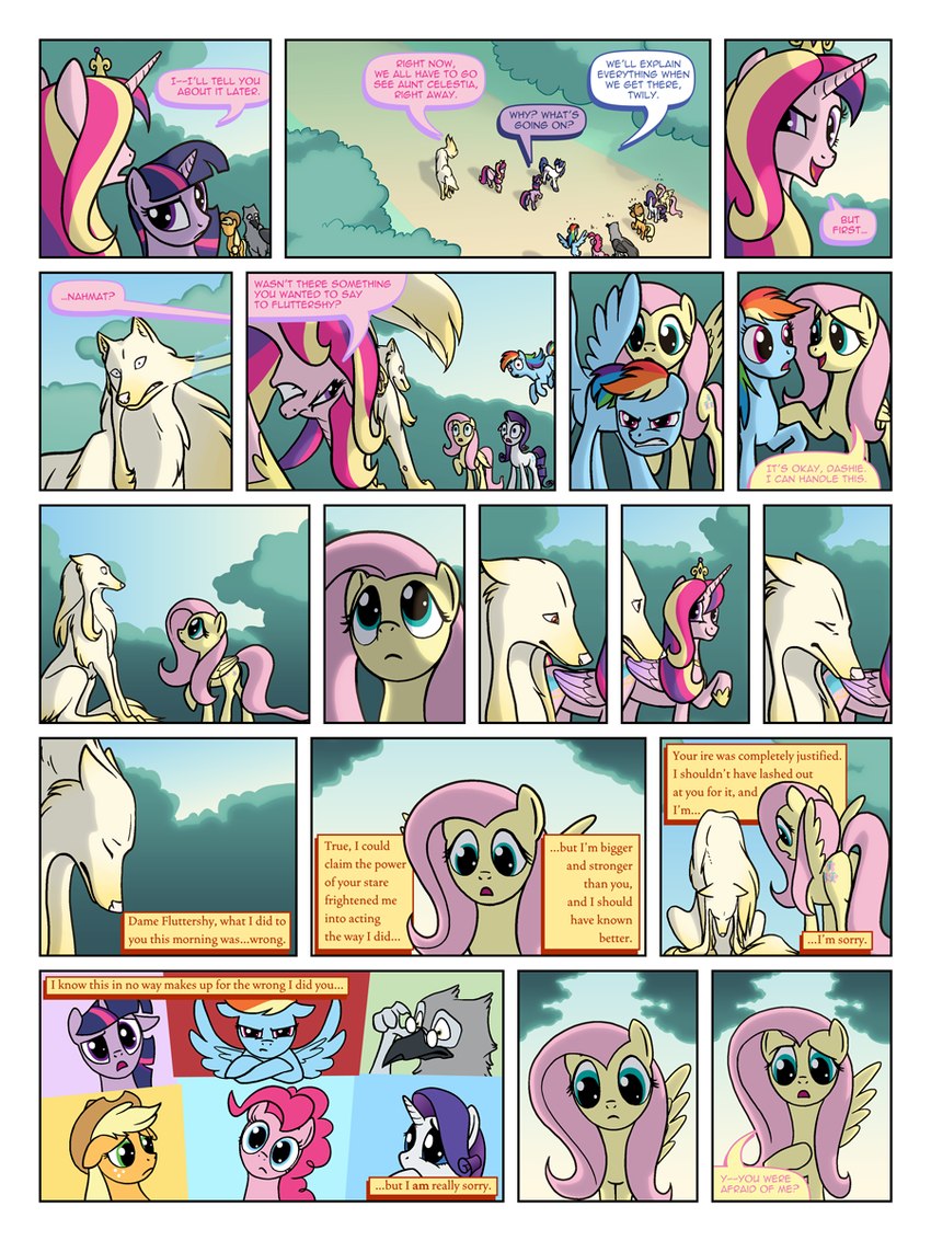 apology cutie_mark dialogue enchantment encouragement eyes_closed eyewear female feral glasses group hesitant hesitation horizontal_staggering horn magic male outside plant reconciliation sitting speech_bubble staggering_(layout) standing text tree wings arofatamahn friendship_is_magic hasbro my_little_pony mythology applejack_(mlp) arofa_nahmat fluttershy_(mlp) garret_(arofatamahn) mane_six_(mlp) pinkie_pie_(mlp) princess_cadance_(mlp) rainbow_dash_(mlp) rarity_(mlp) shining_armor_(mlp) twilight_sparkle_(mlp) avian bird canid canine earth_pony equid equine gryphon horse mammal mythological_avian mythological_creature mythological_equine pegasus pony unicorn winged_unicorn 3:4 comic english_text hi_res unavailable_at_source