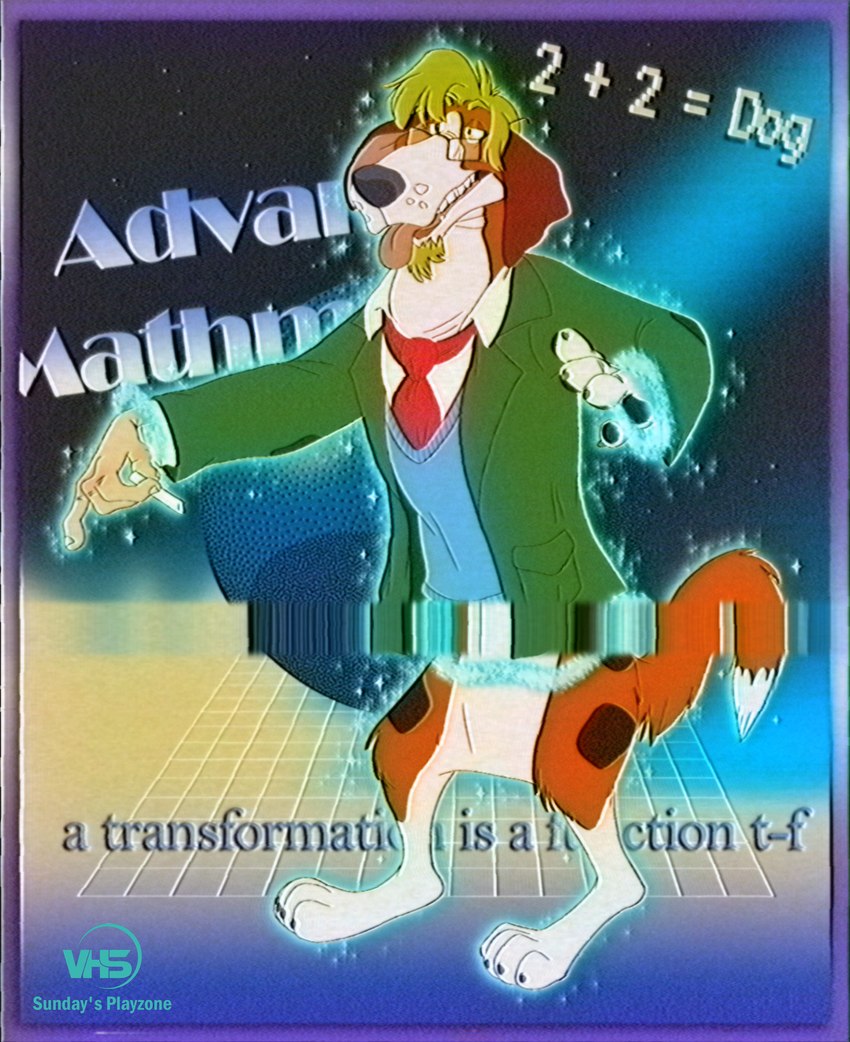 bottomless chalk claws clothed clothing distortion eyewear facial_hair feral fur fur_growth glasses growth male necktie number partially_clothed pawpads professor solo sweater teacher text tongue tongue_out topwear transformation vhs_filter sundaysplayzone professor_scritch beagle canid canine canis domestic_dog human hunting_dog mammal scent_hound absurd_res english_text hi_res