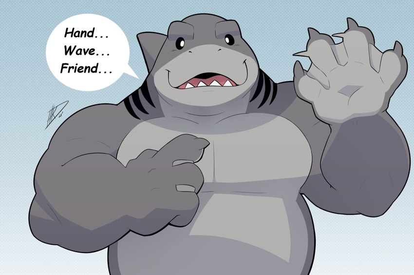 anthro belly claws dialogue grey_body looking_at_viewer male pecs solo teeth text hikazedragon dc_comics suicide_squad king_shark fish mammal marine shark english_text hi_res