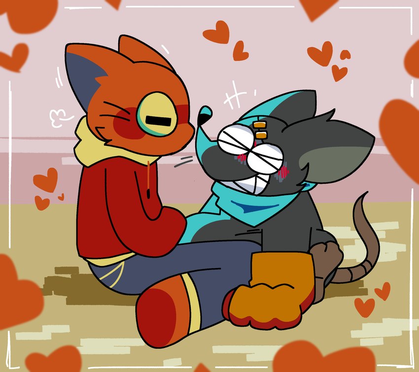 anthro blue_kerchief blue_neckerchief blush blush_lines border clothing duo fur gloves grey_body grey_fur handwear heart_symbol hearts_around_body hoodie kerchief male male/male neckerchief neckwear orange_body orange_fur red_clothing red_hoodie red_topwear romantic romantic_couple smile stitch_(sewing) tail teeth topwear whiskers pawplants mad_rat_dead nippon_ichi_software heart_(mad_rat_dead) mad_rat_(mad_rat_dead) domestic_cat felid feline felis mammal murid murine rat rodent 2022 digital_media_(artwork) hi_res