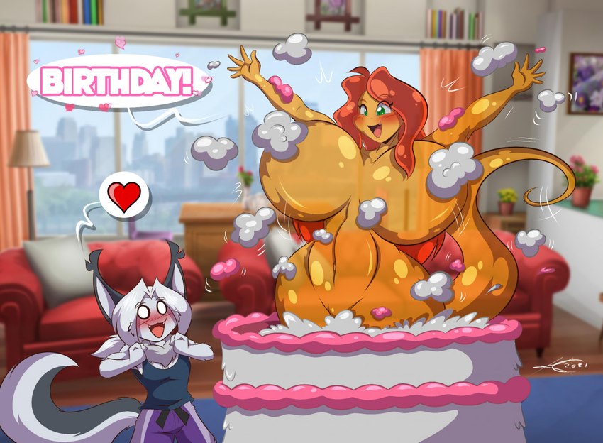 :3 anthro big_breasts blush breasts cake cake_sitting convenient_censorship dessert duo female food food_fetish food_play happy_birthday heart_symbol huge_breasts hyper hyper_breasts male navel no_pupils open_mouth pop_out_cake size_difference smile speech_bubble text wide_eyed mastergodai shaze domestic_cat felid feline felis goo_creature humanoid mammal