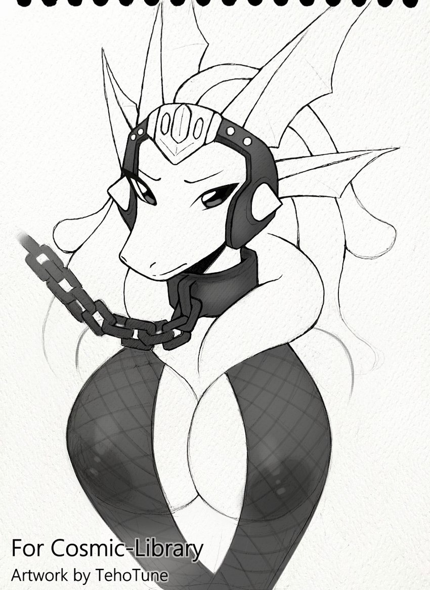 anthro big_breasts breasts chain chain_leash clothed clothing collar dewlap_(anatomy) female fin fishnet_clothing front_view hair head_fin headdress headgear headwear leash leashed_collar long_hair nipples non-mammal_breasts non-mammal_nipples skimpy slave solo text translucent translucent_clothing tehotune may_the_4th mythology star_wars louness_astaria dragon mythological_creature mythological_scalie scalie artist_name bust_portrait english_text hi_res portrait traditional_media_(artwork)