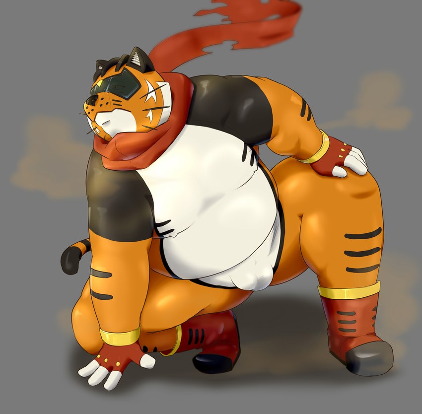 anthro balls_outline belly big_belly bulge clothing detailed_bulge genital_outline humanoid_hands kemono male musk orange_body overweight overweight_male penis_outline scarf skinsuit solo tight_clothing visor wdh3905 felid mammal pantherine tiger 2022 absurd_res hi_res