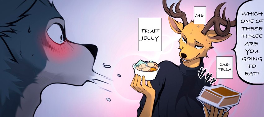 anthro antlers blush bodily_fluids clothed clothing dialogue duo flirting flustered food fruit fur holding_food holding_object horn humor jelly_(food) looking_at_another male narrowed_eyes plant shirt simple_background smile sweat sweatdrop text topwear tuft wide_eyed angiewolf beastars legoshi_(beastars) louis_(beastars) canid canine canis cervine deer mammal red_deer wolf 2021 english_text hi_res japanese_text