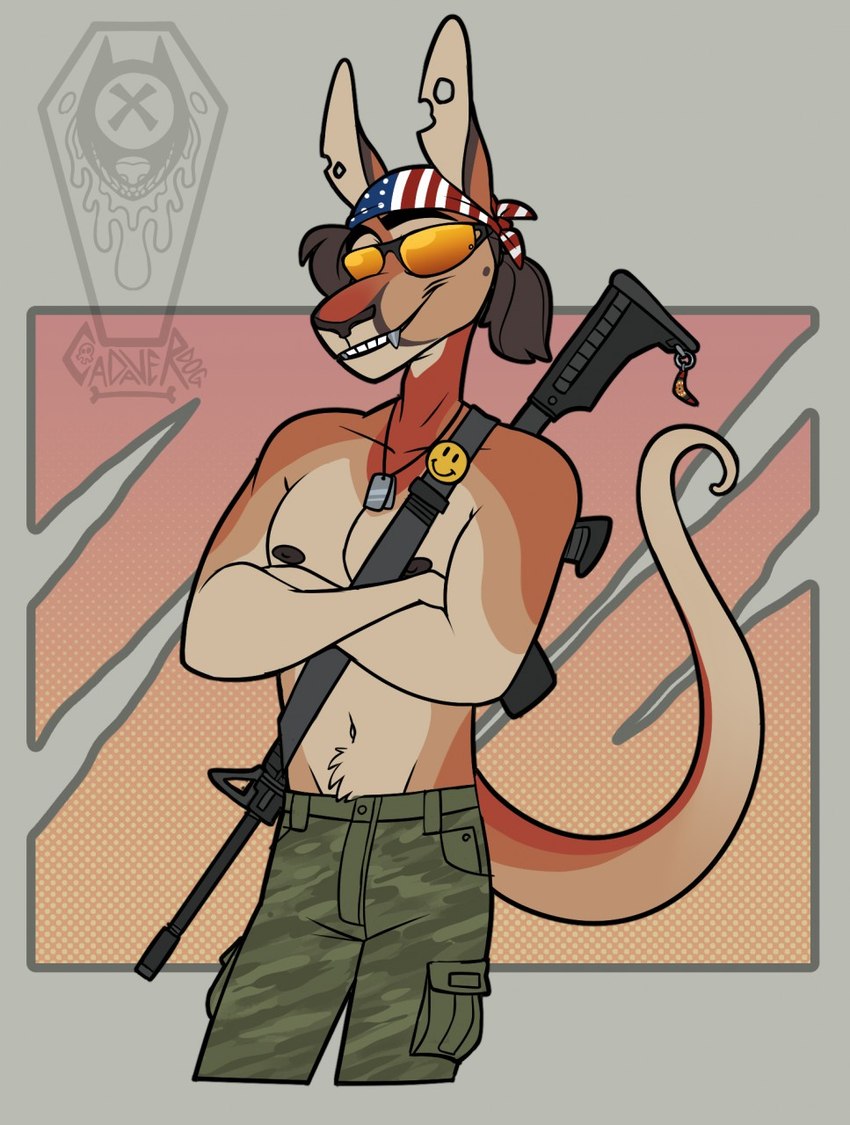 abs american_flag anthro assault_rifle bottomwear brown_hair camo camo_bottomwear camo_clothing camo_pants camo_print clothing dog_tags eyewear fangs fur gun hair kerchief male muscle_tone muscular muscular_anthro muscular_male navel nipples notched_ear orange_body orange_fur pants pattern_bottomwear pattern_clothing pattern_pants pecs ranged_weapon red_body red_fur rifle shirtless shirtless_anthro shirtless_male simple_background smile smirk smug smug_face smug_grin solo sunglasses tan_body tan_fur teeth united_states_of_america weapon cadaverrdog jaber_(cadaverrdog) kangaroo macropod mammal marsupial red_kangaroo hi_res portrait three-quarter_portrait