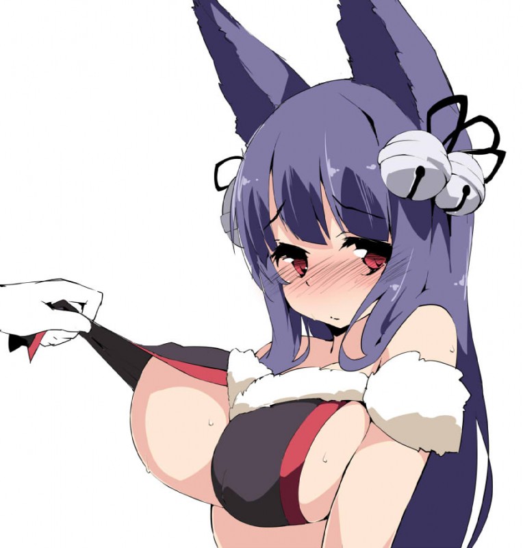 bell big_breasts blush bodily_fluids breasts clothed clothing disembodied_hand duo female hair purple_hair red_eyes skimpy solo_focus sweat under_boob tera_zip animal_humanoid canid canid_humanoid canine canine_humanoid canis humanoid mammal mammal_humanoid wolf wolf_humanoid