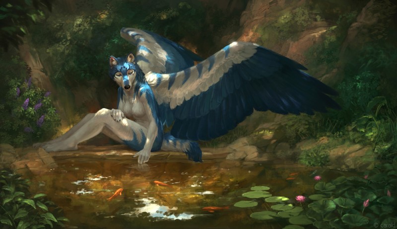 5_fingers anthro biped black_nose blue_body blue_fur blue_hair breasts day detailed_background feathered_wings feathers female fingers fur hair moss nature outside plant sitting solo water white_body white_fur wings caraid tala_(suntattoowolf) ambient_fish ambient_sealife canid canine canis fish mammal marine wolf