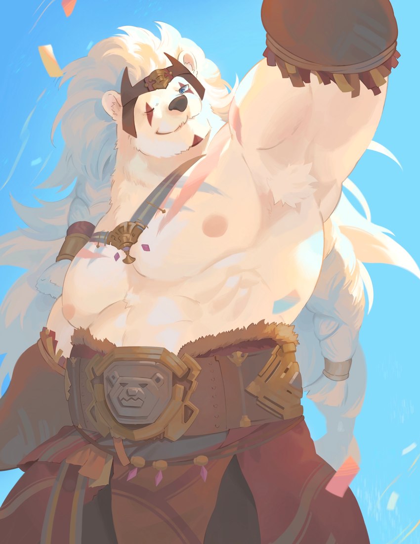 anthro belt blue_background confetti fur hair long_hair male muscular muscular_anthro muscular_male simple_background solo white_body white_fur white_hair peemtannn sdorica crushfang_(sdorica_sunset) bear mammal polar_bear ursine 2023 absurd_res colored hi_res