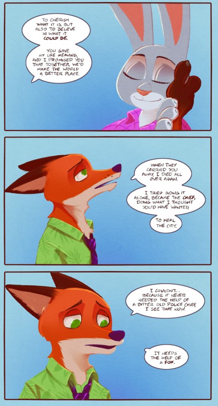 anthro black_nose clothed clothing duo feels female fur green_eyes grey_body grey_fur male pink_nose red_body red_fur simple_background text rockbottomfeeder disney zootopia judy_hopps nick_wilde canid canine fox lagomorph leporid mammal rabbit red_fox true_fox 2016 comic english_text hi_res