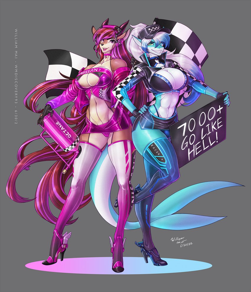 abs anthro big_breasts blue_hair boots breasts bulge cleavage clothed clothing duo female footwear green_eyes gynomorph hair high_heeled_boots high_heels intersex intersex/female legwear looking_at_viewer multicolored_hair navel pink_eyes pink_hair race_queen shark_tail shoes text thigh_boots thigh_highs white_hair wmdiscovery93 frosty_(sharky) geo_(pechallai) antelope bovid fish gazelle mammal marine shark english_text hi_res