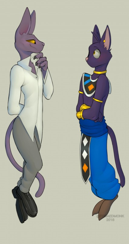 alternate_costume anthro biped bottomwear clothed clothing clothing_swap duo eye_contact floating footwear fully_clothed looking_at_another male pants shirt shoes simple_background smile topwear togaed dragon_ball dragon_ball_super morenatsu beerus shin_(morenatsu) felid mammal 2018 absurd_res crossover digital_media_(artwork) hi_res