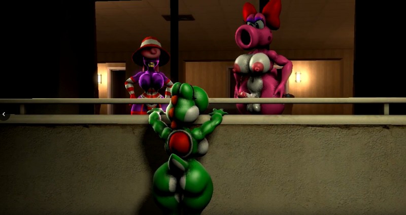 anthro balls big_breasts big_butt breasts butt clothing female genitals group gynomorph hair hat headgear headwear heart_symbol humor intersex lips nipples nude penis purple_body siphon_(anatomy) crocwife kabalmystic mario_bros nintendo paper_mario vivian_(mario) yoshi_(character) birdo green_yoshi humanoid reptile scalie shadow_siren yoshi 2018 3d_(artwork) digital_media_(artwork) source_filmmaker_(artwork)