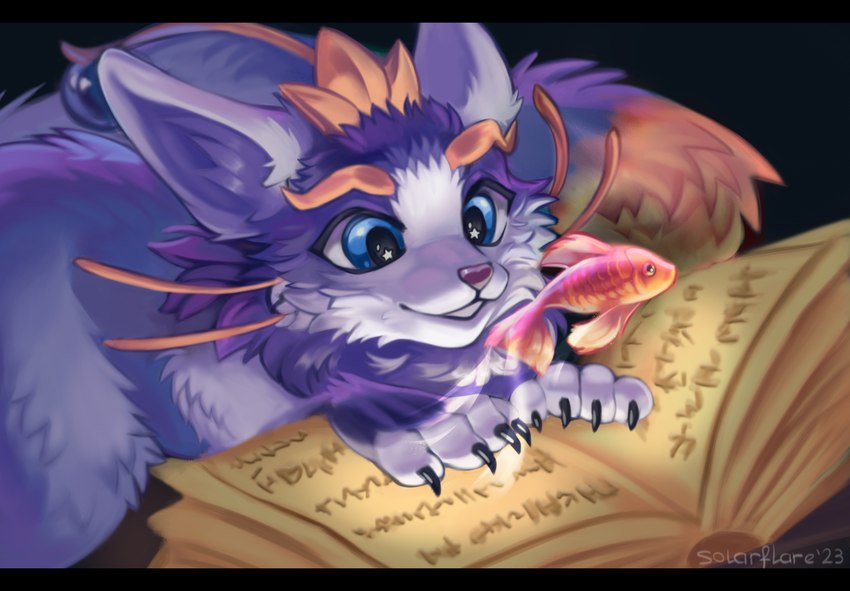 black_bars black_claws blue_eyes book cheek_tuft claws ears_back ears_down facial_tuft female feral fluffy fur inner_ear_fluff looking_at_object neck_tuft open_mouth pivoted_ears purple_body purple_fur purple_nose reading reading_book runes simple_background smile solo star_in_pupils tail teeth tuft solarflare02 league_of_legends riot_games tencent yuumi_(lol) domestic_cat felid feline felis fish mammal marine 2023 dated digital_media_(artwork) hi_res letterbox shaded signature