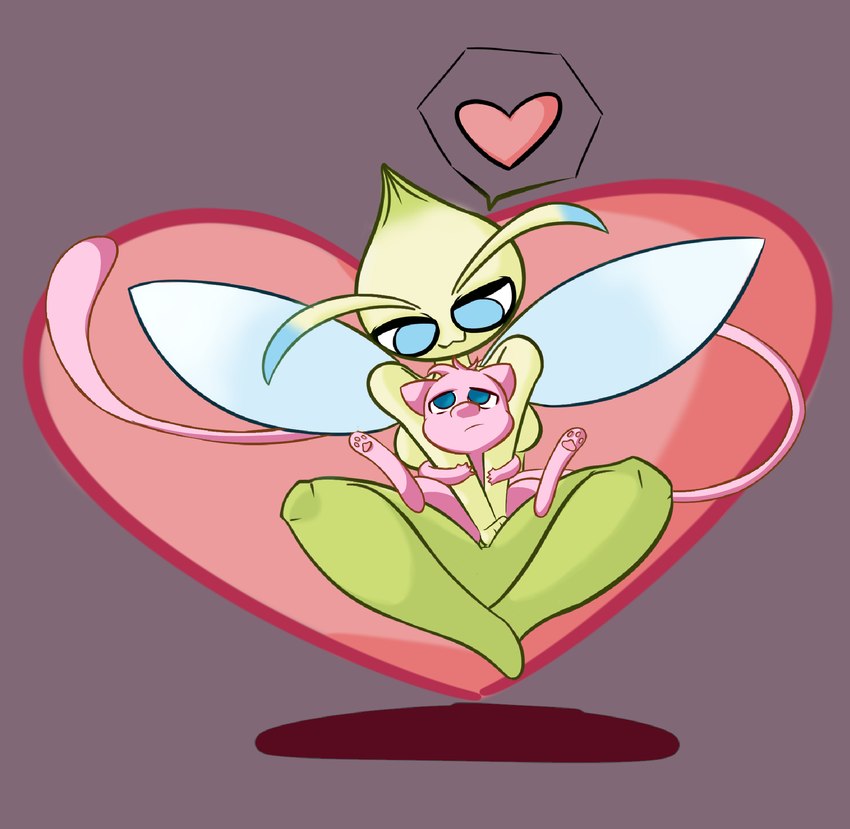 anthro duo female green_body green_skin heart_symbol hug larger_female male male/female pink_body pink_skin short_male size_difference thick_thighs lewd_angel nintendo pokemon celebi fairy felid feline generation_1_pokemon generation_2_pokemon legendary_pokemon mammal mew_(pokemon) pokemon_(species) hi_res