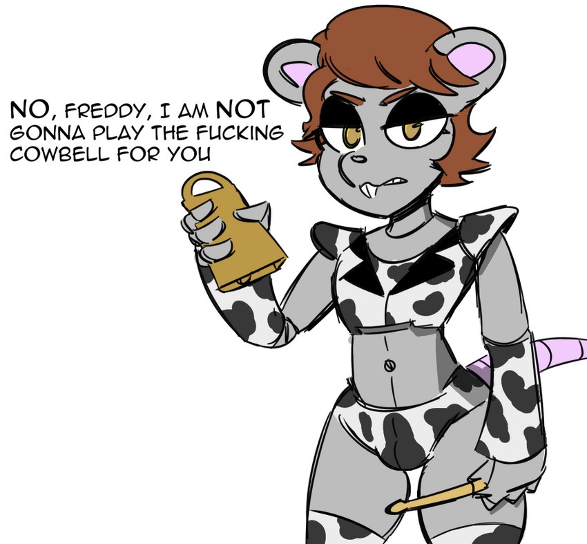 animal_print anthro brown_hair buckteeth cow_print cowbell dialogue femboy hair machine male narrowed_eyes profanity simple_background solo standing teeth text dunnhier1 third-party_edit five_nights_at_freddy's five_nights_at_freddy's:_security_breach scottgames steel_wool_studios gregory_(fnaf) animatronic mammal mouse murid murine robot rodent 2022 colored english_text