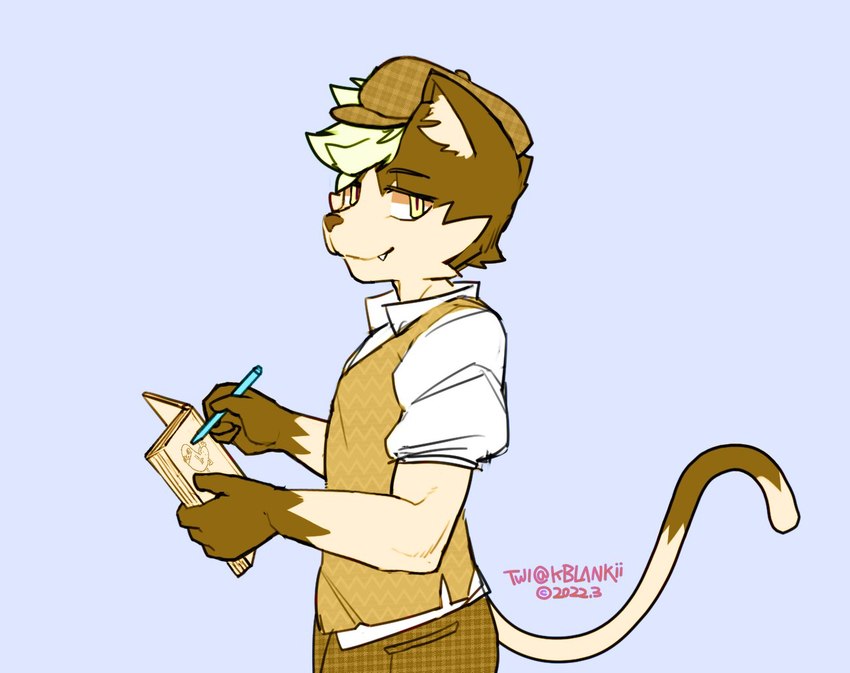 clothing detective flat_cap hat headgear headwear inner_ear_fluff male multicolored_body multicolored_skin multicolored_tail reporter shirt solo t-shirt tail teeth topwear tuft writer kblankii dickbutt sherlock_holmes domestic_cat felid feline felis mammal meme