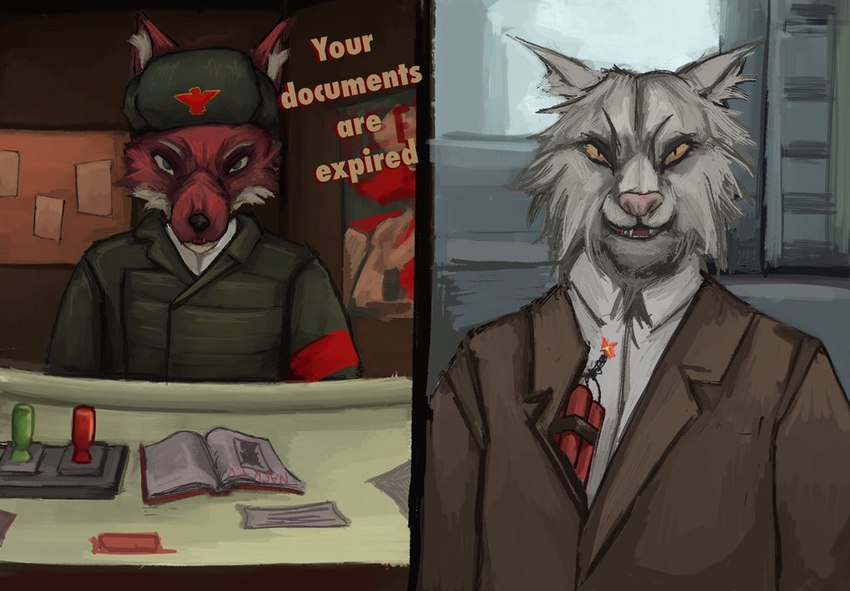 anthro clothed clothing duo dynamite explosives female fur humor male passport smile stamp text topwear anon2000000 papers_please canid canine felid feline fox lynx mammal comic digital_media_(artwork) digital_painting_(artwork) english_text painting_(artwork)