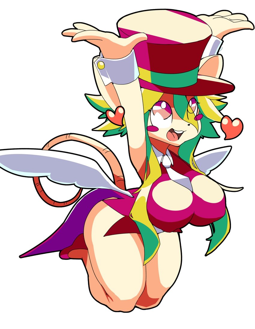 anthro big_breasts blush blush_stickers breasts clothing cuff_links curled_tail eyes_closed female gesture green_hair hair hat headgear headwear long_hair necktie pink_clothing simple_background smile solo tail tail_gesture tail_heart top_hat wings opqhlak mad_rat_dead nippon_ichi_software rat_god_(mad_rat_dead) mammal murid murine rat rodent absurd_res hi_res