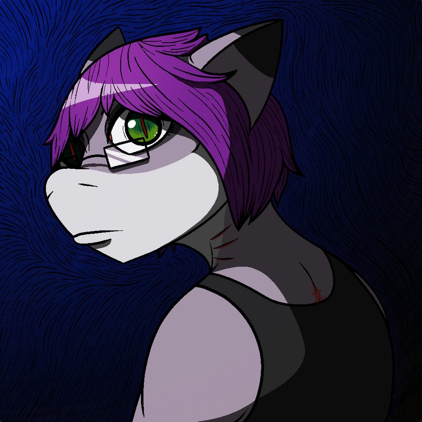 abstract_background ambiguous_gender anthro binder_(clothing) dramatic_lighting eyelashes eyeshadow eyewear gills glasses green_eyes grey_body hair makeup purple_hair scar scared scary_eyes solo wide_eyed r3znor_x derrik_(r3znor_x) fish marine shark 1:1