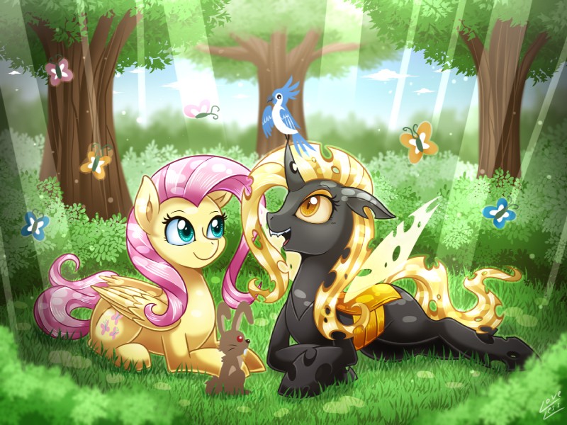 blonde_hair blue_eyes cute_fangs detailed_ambient_creature detailed_background duo_focus fangs female feral grass group hair hole_(anatomy) horn lying on_horn pink_hair plant pupils slit_pupils teeth tree unicorn_horn wings yellow_eyes vavacung friendship_is_magic hasbro my_little_pony mythology fluttershy_(mlp) ambient_arthropod ambient_bird ambient_butterfly ambient_flier ambient_insect ambient_rabbit arthropod avian bird blue_jay butterfly changeling corvid equid equine insect jay_(bird) lagomorph lepidopteran leporid mammal mythological_creature mythological_equine new_world_jay oscine passerine pegasus rabbit 2017 4:3 story story_in_description