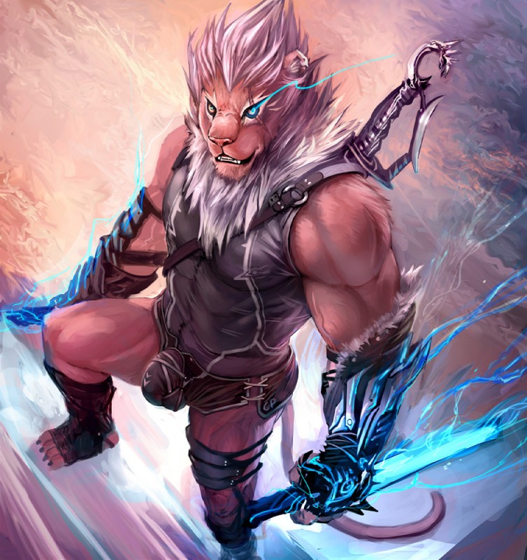 4_toes abs abstract_background anthro biceps biped bottomwear bulge claws clothed clothing codpiece dual_wielding electric_sword electricity erection erection_under_clothing feet fur hair holding_melee_weapon holding_object holding_sword holding_weapon lacing lightning looking_at_viewer male mane manly melee_weapon muscular muscular_anthro muscular_male nipples pecs pink_body pink_nose pink_skin pose raised_leg reverse_grip sharp_teeth shirt short_hair short_sword shorts simple_background solo standing step_pose steps straps sword tan_body tan_fur teeth toes topwear vein warrior weapon white_hair cheetahpaws felid lion mammal pantherine 2013