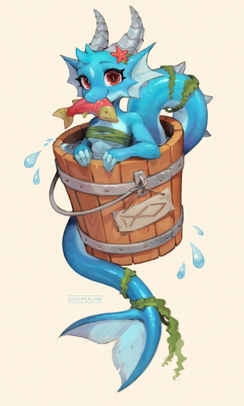 2_horns anthro blue_body blue_scales breasts bucket chest_wraps clothed clothing container female fin fingerless_(marking) fish_in_mouth food_in_mouth frill_(anatomy) head_fin head_tuft horn in_bucket in_container long_tail looking_at_viewer partially_submerged red_eyes scales seaweed simple_background small_breasts smile smiling_at_viewer solo spiked_tail spikes spikes_(anatomy) starfish_(accessory) tail tail_fin tuft under_boob water water_drop wraps waspsalad amphibian aquatic_kobold asterozoan echinoderm fish kobold marine reptile scalie starfish 2023 3:5 absurd_res hi_res