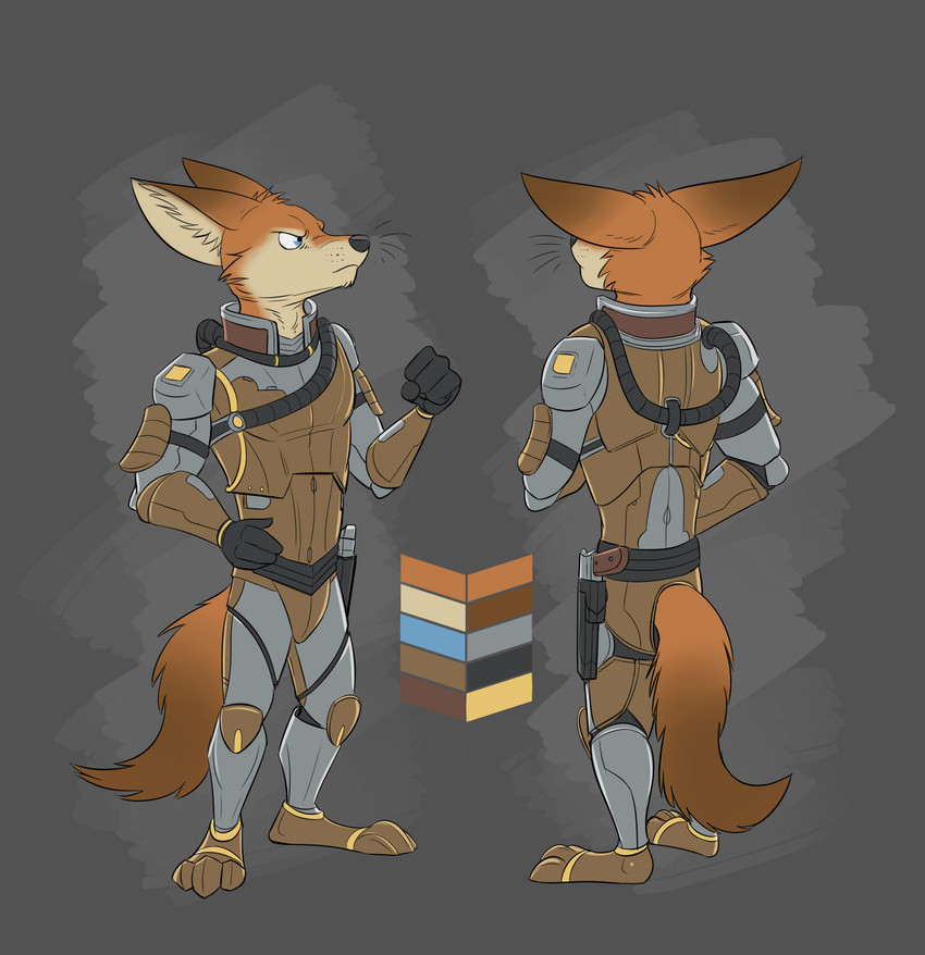 anthro black_nose brown_body brown_fur cheek_tuft clothed clothing color_swatch facial_tuft fully_clothed fur grey_background head_tuft inner_ear_fluff pose simple_background solo standing tuft temiree stellaris canid canine fox mammal mammalian_(stellaris) mammalian_3 2018 hi_res