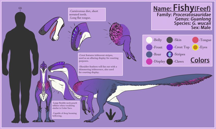 ambiguous_gender biped border claws color_swatch countershade_face countershade_torso countershading feathers feral open_mouth purple_border solo tail text tongue fishtits feef_(fishtits) dinosaur feathered_dinosaur feathered_scalie guanlong prehistoric_species reptile scalie theropod digital_media_(artwork) english_text hi_res model_sheet