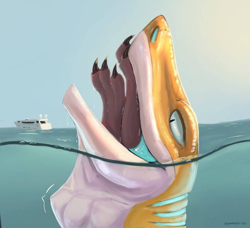 almost_fully_inside anthro anthro_pred anthro_prey duo male neck_bulge open_mouth oral_vore paw_in_mouth paws sea ship swallowing vehicle vore water watercraft yacht hexadec fish marine shark hi_res