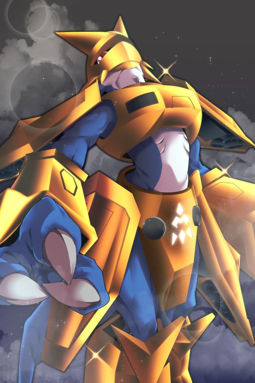 abs anthro armor blue_body claws gold_(metal) gold_armor male midriff raised_head red_eyes solo pakotaroh bandai_namco digimon digimon_(species) magnamon scalie 2:3 absurd_res hi_res