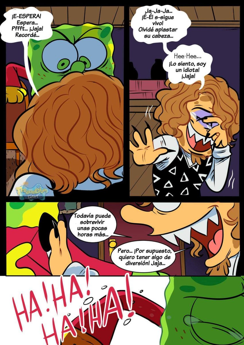 anthro base_three_layout blockage_(layout) bodily_fluids claws crying dialogue duo four_frame_image fusion horizontal_blockage laugh male on_model pfft sharp_teeth speech_bubble tears teeth text three_row_layout toony vocalization vowelless vowelless_vocalization pancaketiffy nickelodeon spongebob_squarepants greenie_(pancaketiffy) robert_(pancaketiffy) spongebob_squarepants_(character) marine sea_sponge comic hi_res spanish_text translation_check translation_request