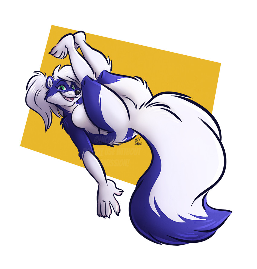 blue_body blue_fur butt curvy_figure featureless_crotch feet female fur green_eyes hair paws pose simple_background solo whiskers white_background white_hair yoga nicnak044 taki_(takikuroi) mammal mephitid skunk striped_skunk pinup