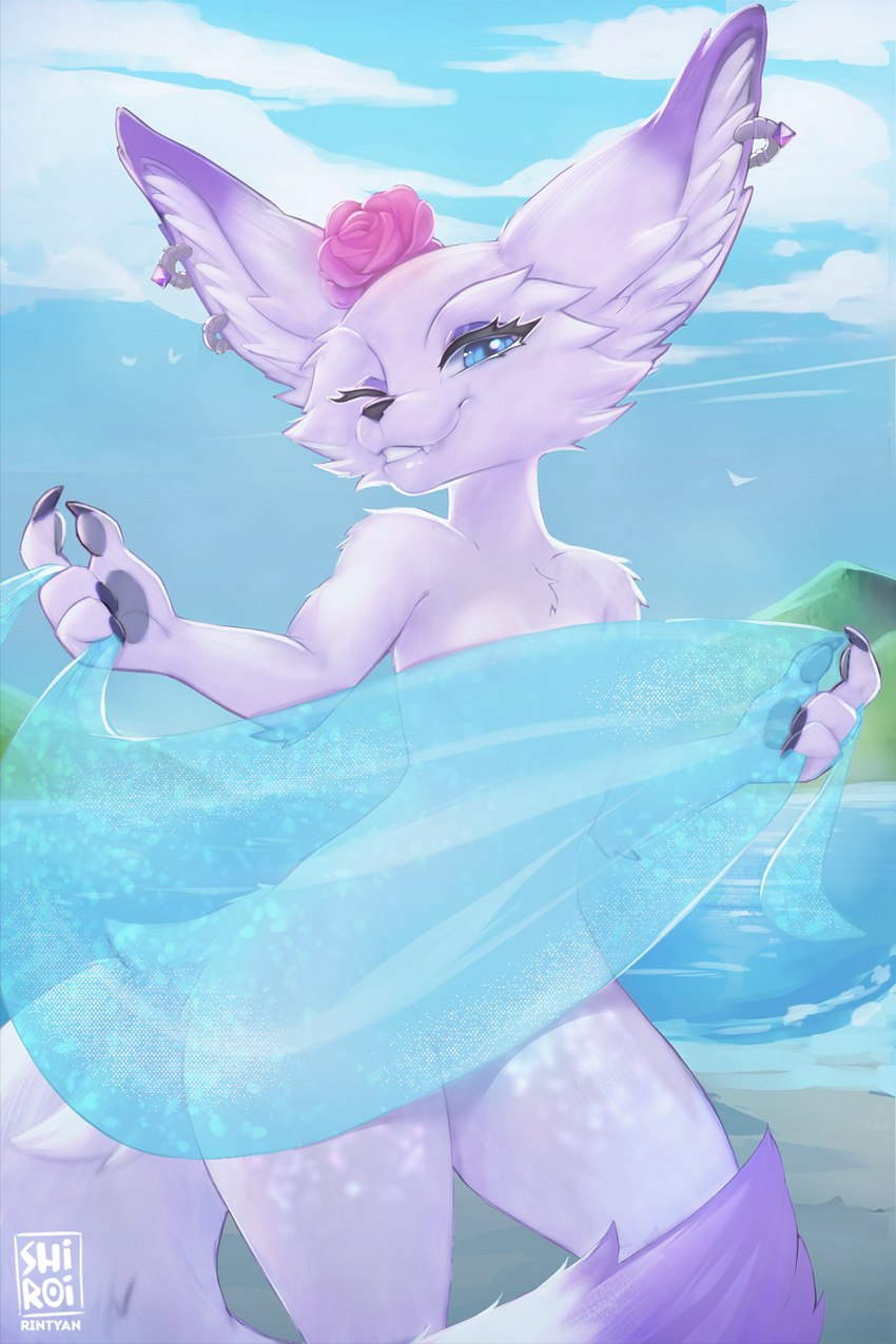 anthro beach blue_eyes cloud ear_piercing ear_ring female flower fur long_ears long_tail looking_at_viewer mountain one_eye_closed outside pawpads piercing plant ring_piercing rose_(flower) seaside simple_background sky smile solo tail teeth towel tuft water white_body white_fur wink rin_tyan blizzard_entertainment warcraft flakey_the_vulpera canid canine fennec_fox fox mammal true_fox vulpera 2023 digital_media_(artwork) hi_res shaded