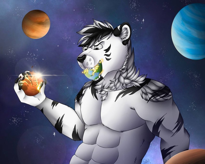 abs angry anthro biceps big_muscles cosmic_background crush crushing_object fur huge_muscles macro macro_anthro macro_male male male_pred muscular muscular_anthro muscular_male nude object_vore open_mouth pecs planet planet_destruction planet_dwarfing planet_vore sassy solo space teeth terra_macro vore samuelwolfo wooyeong felid feline mammal pantherine tiger 5:4 digital_media_(artwork) shaded