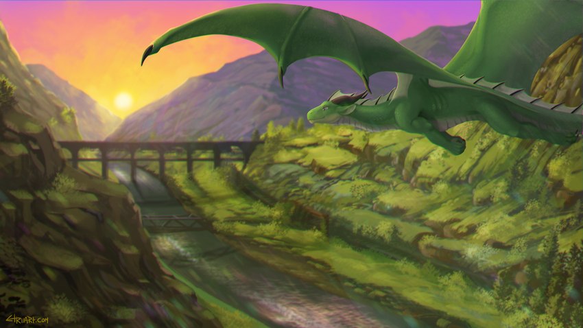 bridge feral grass green_body green_scales male mountain plant purple_eyes river scales solo sunset vampi mythology ezra_(maxderpy3d) dragon mythological_creature mythological_scalie scalie hi_res