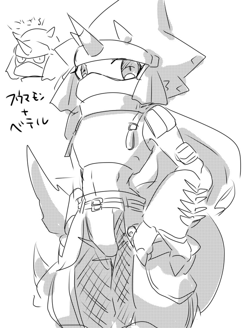 anthro clothing crop_top fusion horn male mask midriff midriff_top ninja shirt solo topwear warrior mkz_kabeuchi bandai_namco digimon digimon_(species) fumamon gammamon scalie 3:4 hi_res monochrome sketch