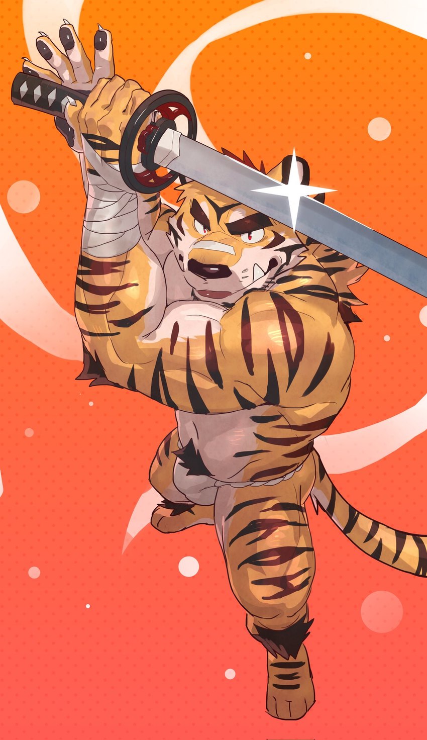 anthro asian_clothing band-aid band-aid_on_face band-aid_on_nose bandage bandage_on_face bandage_on_nose bandaged_arm biceps clothing deltoids east_asian_clothing fundoshi high-angle_view holding_melee_weapon holding_object holding_sword holding_weapon japanese_clothing katana kemono male melee_weapon muscular muscular_male pubes red_eyes simple_background solo sword tongue tongue_out underwear weapon wristband kelvinash felid mammal pantherine tiger hi_res