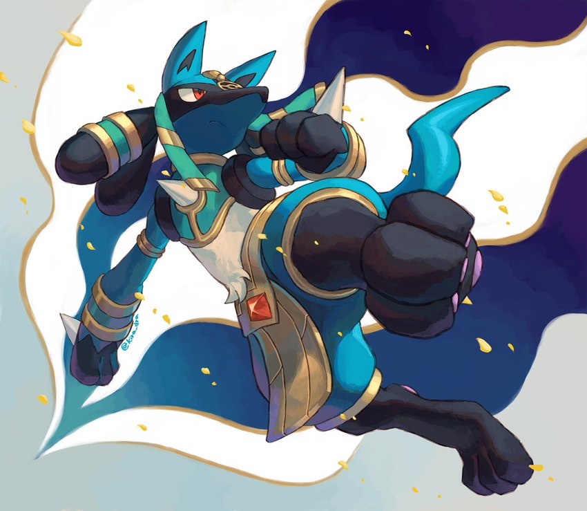 3_fingers ambiguous_gender anthro black_body black_fur blue_body blue_fur bracelet clothed clothing detailed_background fingers fur holowear_(pokemon) jewelry partially_clothed red_eyes solo spikes spikes_(anatomy) tail tan_body tan_fur kira_dra_h nintendo pokemon pokemon_unite ruins_style_lucario generation_4_pokemon lucario pokemon_(species) 2022