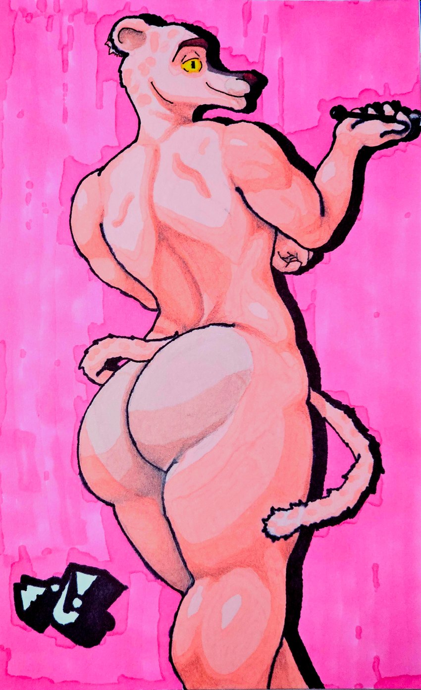 anthro butt fur looking_at_viewer looking_back male muscular muscular_anthro muscular_male nude pink_background pink_body pink_fur simple_background solo marthan_crowl_(artist) hanna-barbera pink_panther felid feline mammal pantherine absurd_res hi_res marker_(artwork) traditional_media_(artwork)